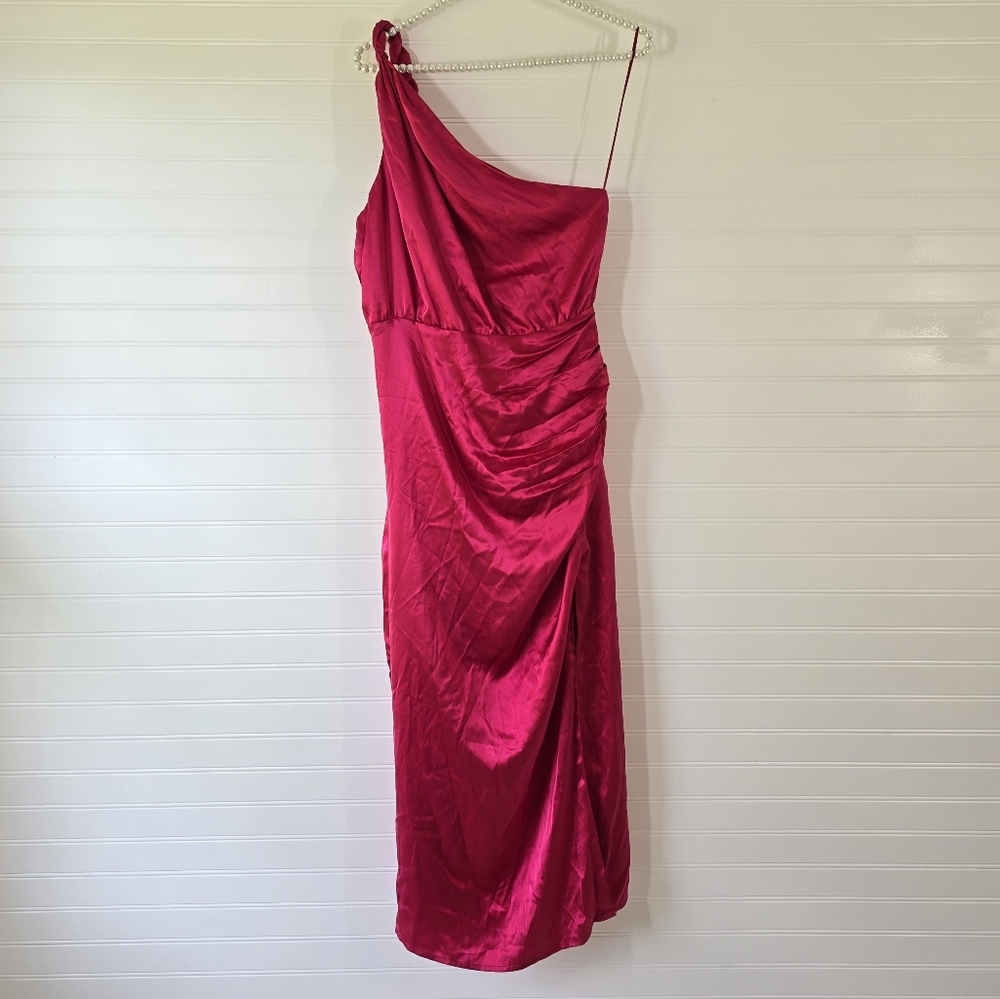 Anthropologie Braided One Shoulder 100% Silk Midi Dress in Raspberry NWT New - Picture 3 of 11
